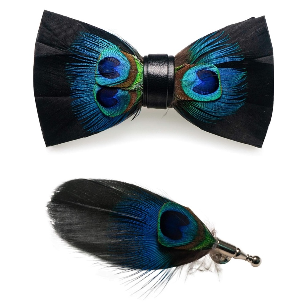 Men’s Handmade Peacock Feather Pre Tied Bow Tie and Matching Lapel Pin Set Black
